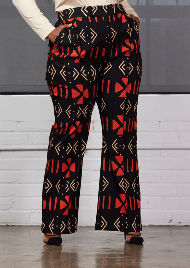 Abebe Women's African Print Stretch Wide Leg Pants (Natural Mudcloth) - Image 3