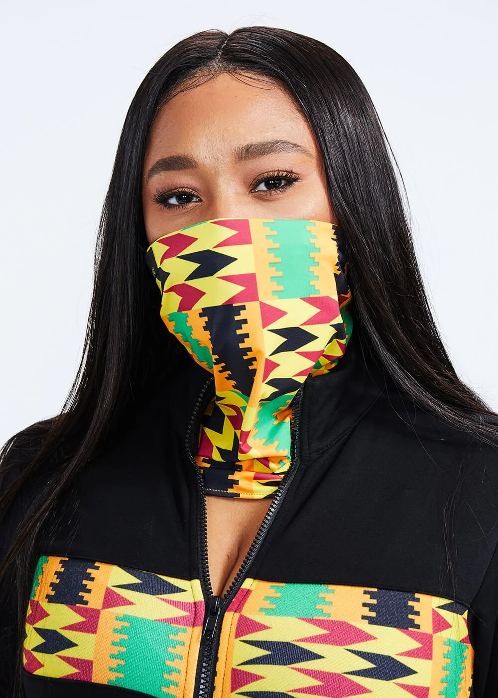 Tikib African Print Tube Face Mask (Gold Maroon Kente) - Image 5