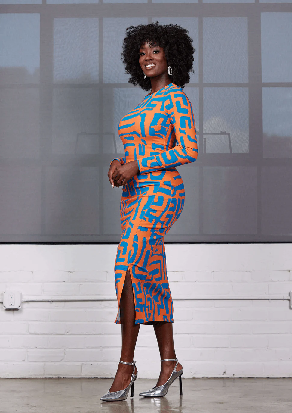 Chidima Women's African Print Stretch Midi Dress (Orange Blue Geometric) - Image 3