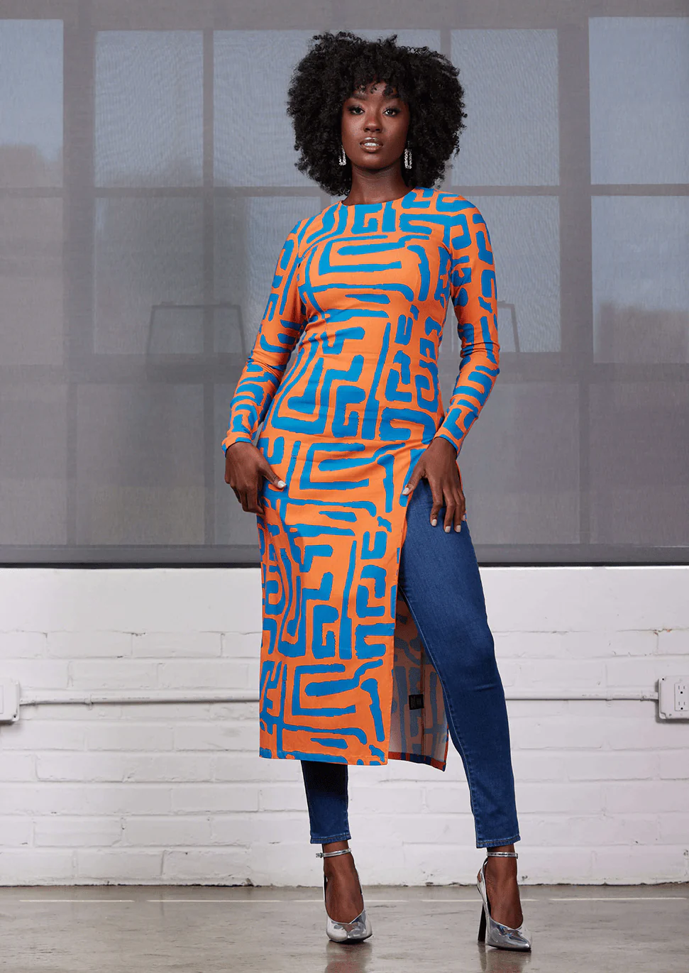 Chidima Women's African Print Stretch Midi Dress (Orange Blue Geometric) - Image 5