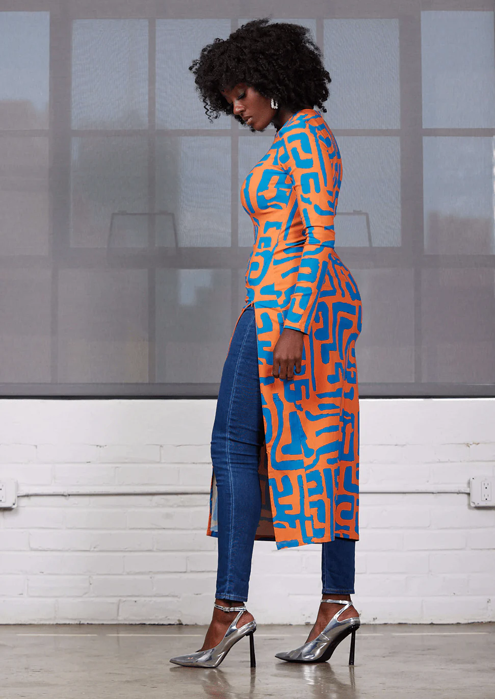 Chidima Women's African Print Stretch Midi Dress (Orange Blue Geometric) - Image 6