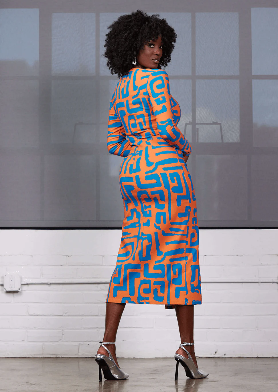 Chidima Women's African Print Stretch Midi Dress (Orange Blue Geometric) - Image 7