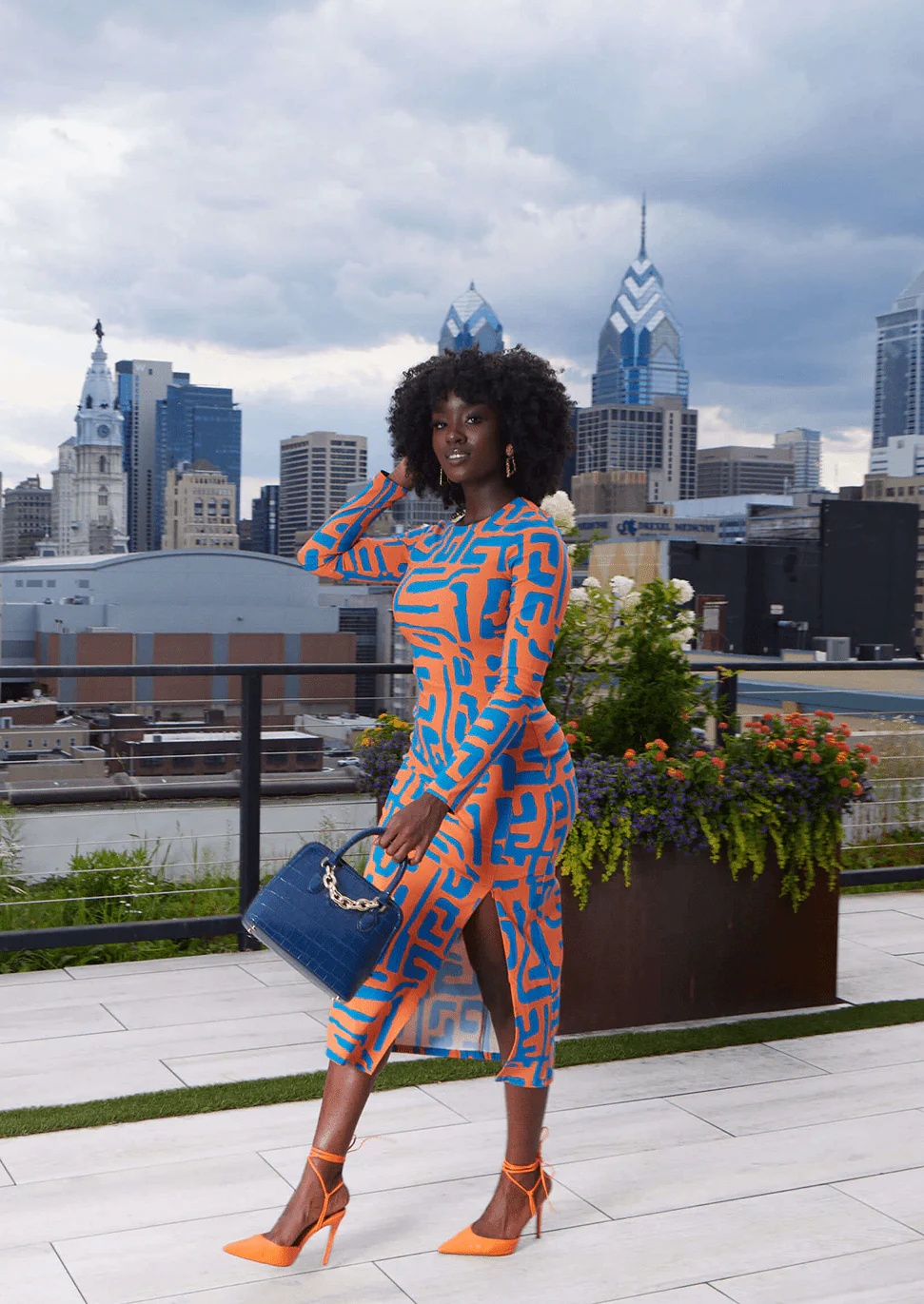 Chidima Women's African Print Stretch Midi Dress (Orange Blue Geometric) - Image 8