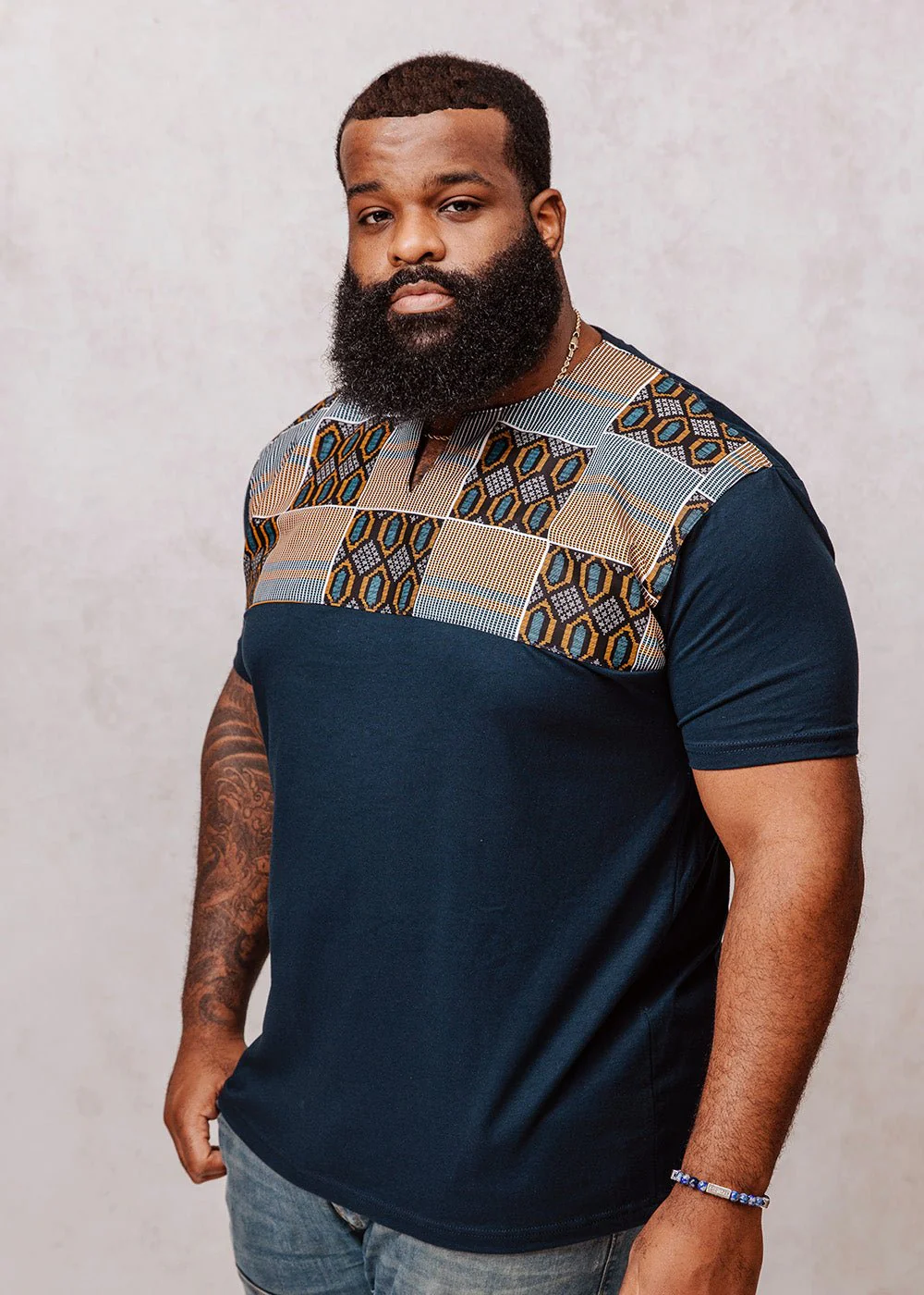 Dayo Men's African Print T-Shirt (Blue/Tan/Navy) - Image 3