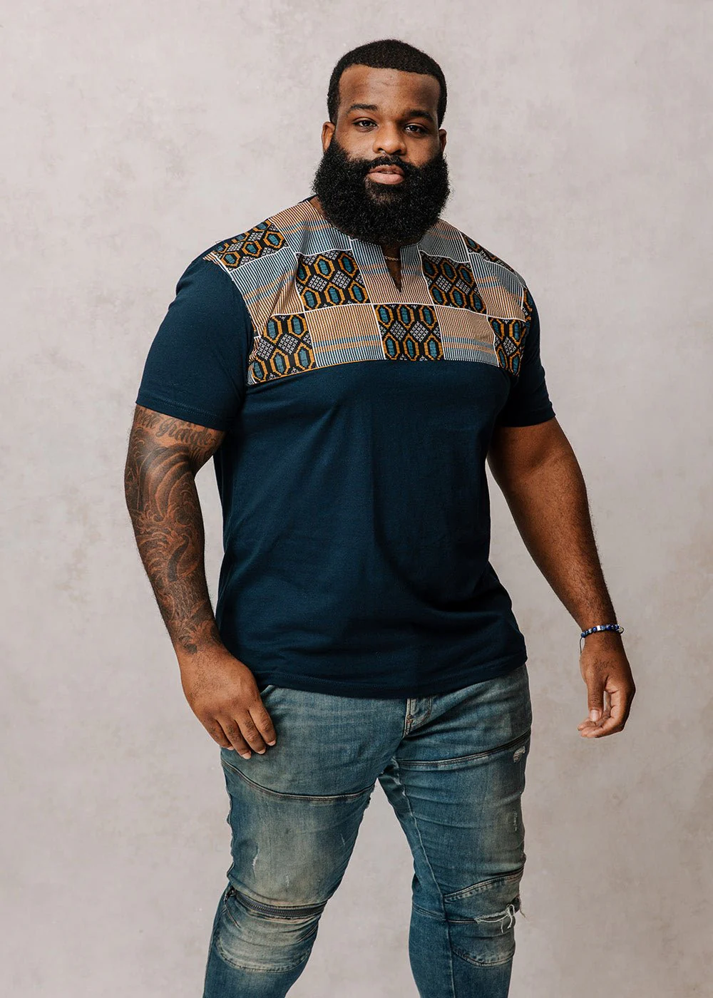 Dayo Men's African Print T-Shirt (Blue/Tan/Navy) - Image 5