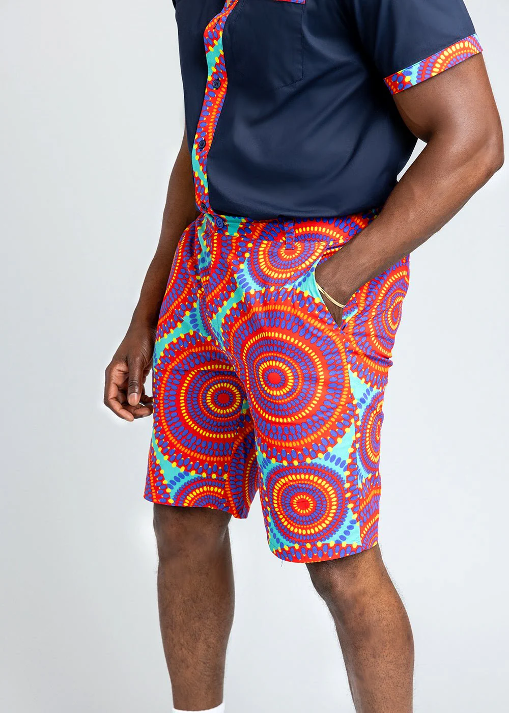 Debare Men's African Print Shorts (Turquoise Red Circles)- Clearance - Image 3