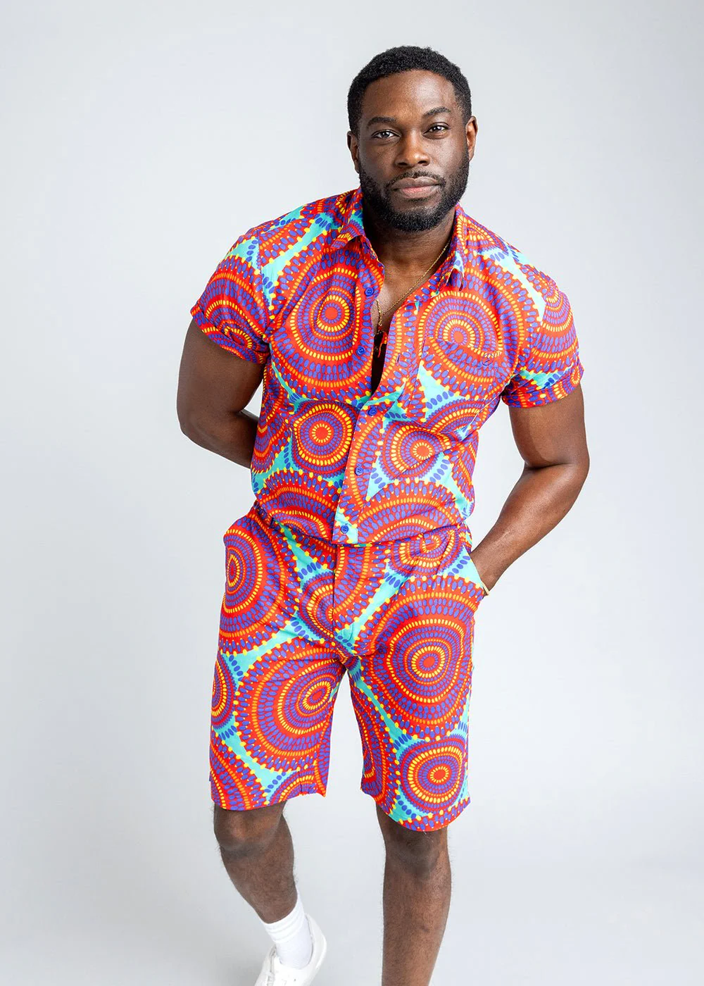 Debare Men's African Print Shorts (Turquoise Red Circles)- Clearance - Image 4