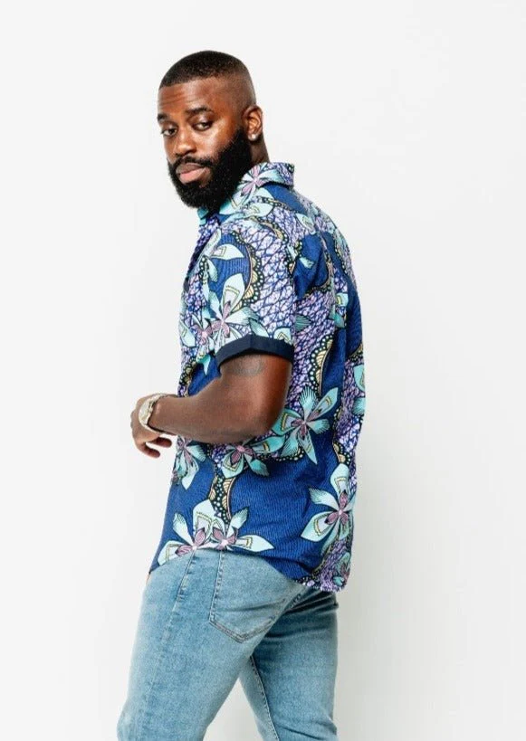 Deion Men's African Print Short Sleeve Button-Up Shirt (Light Blue Pink Iris) - Image 5