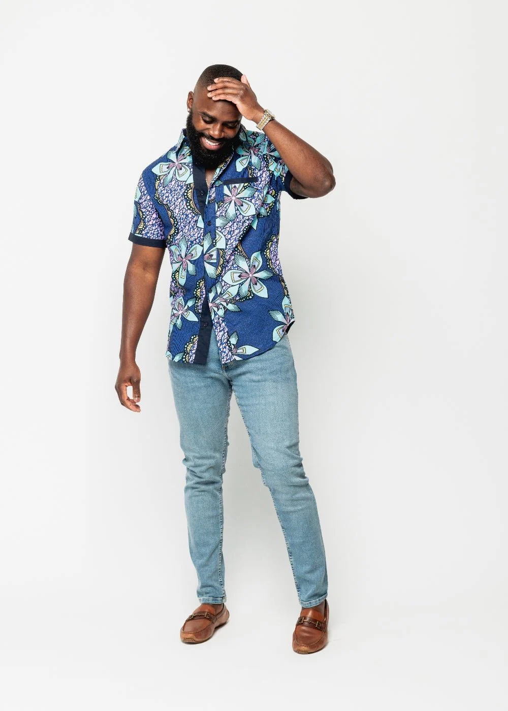 Deion Men's African Print Short Sleeve Button-Up Shirt (Light Blue Pink Iris) - Image 8