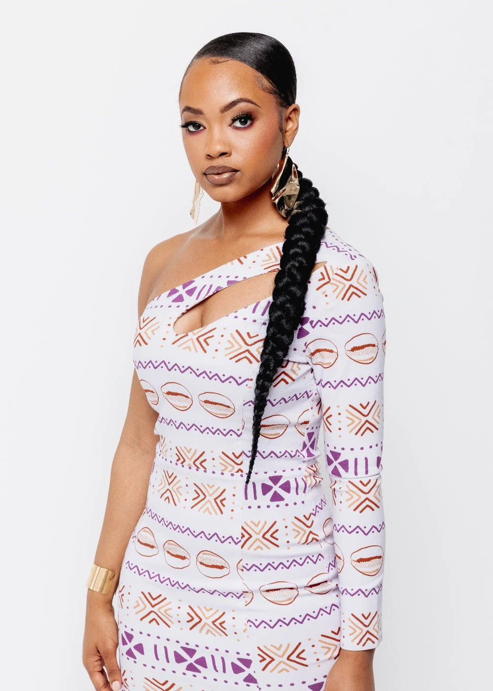 Deja Women's African Print One Stretch Shoulder Dress with Cut-Out (Mauve Plum Mudcloth) - Clearance - Image 3