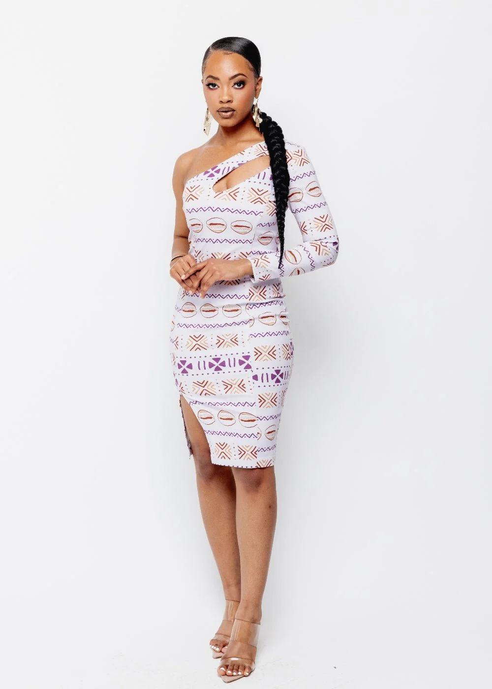 Deja Women's African Print One Stretch Shoulder Dress with Cut-Out (Mauve Plum Mudcloth) - Clearance - Image 4