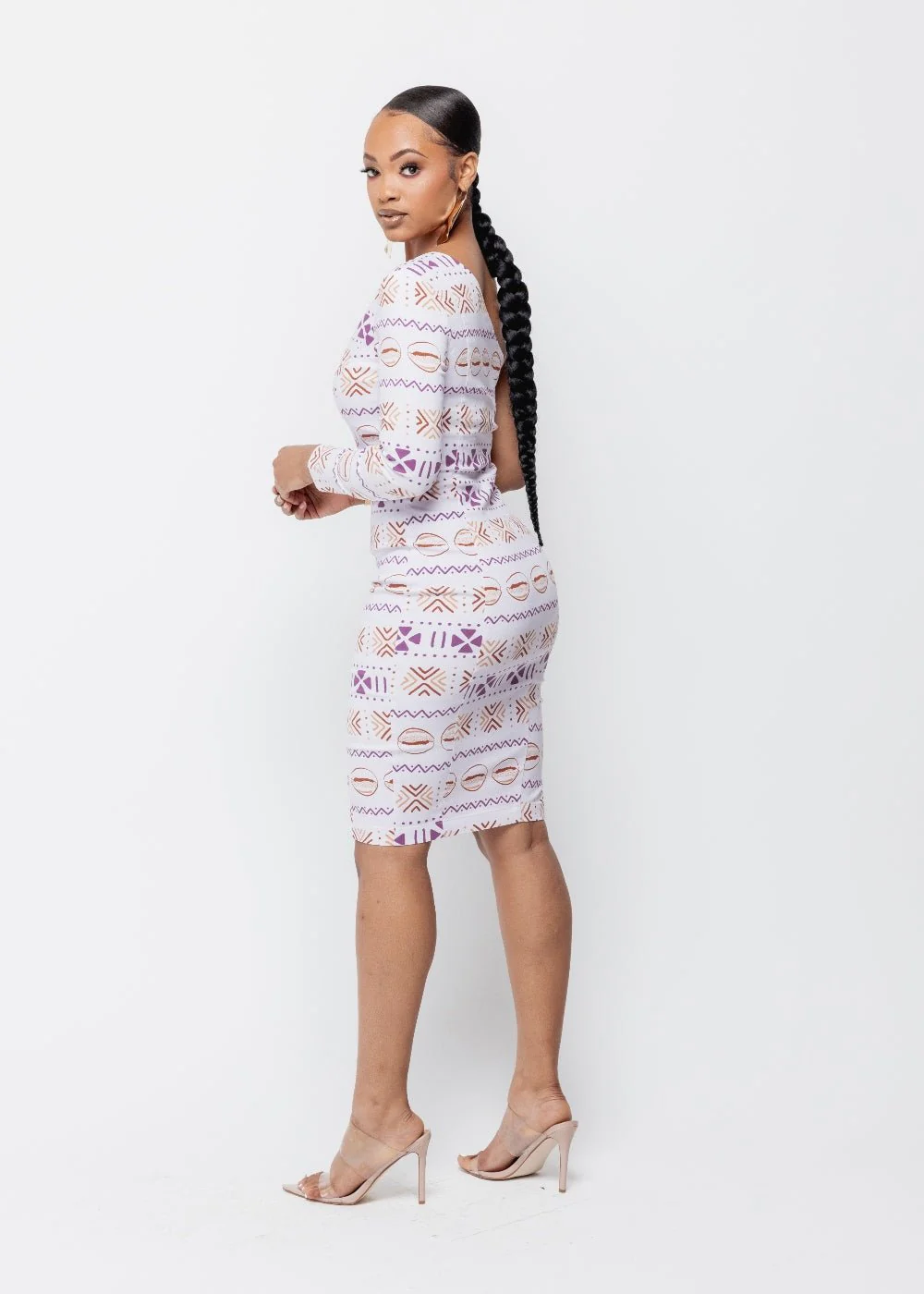 Deja Women's African Print One Stretch Shoulder Dress with Cut-Out (Mauve Plum Mudcloth) - Clearance - Image 9