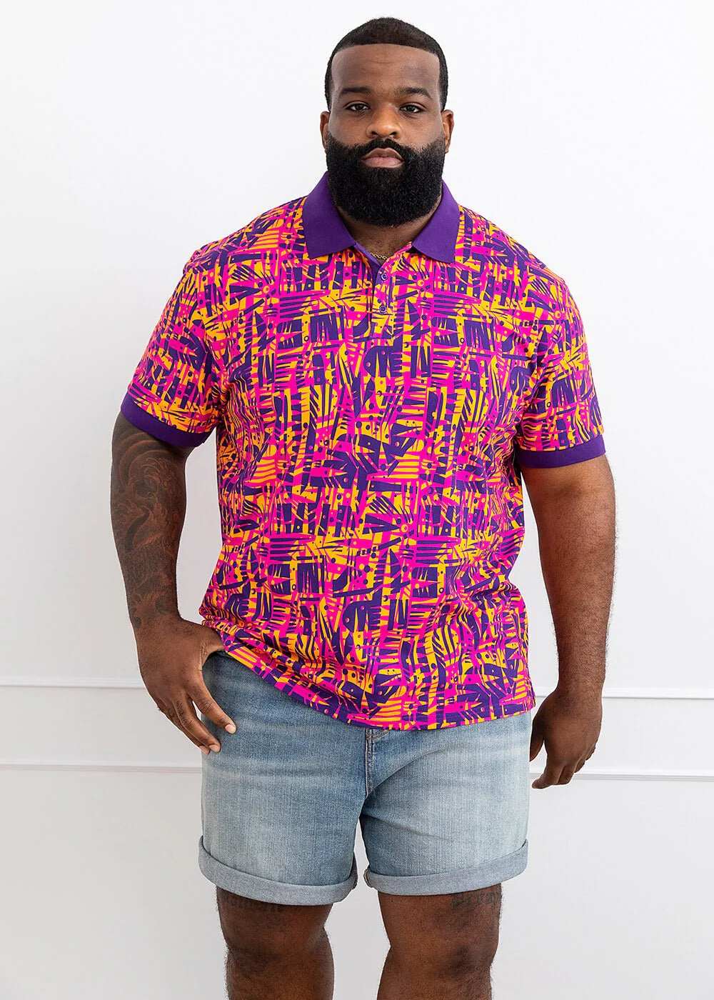Femi African Print Color-Blocked Polo Shirt (Orange Abstract Leaves)-Clearance - Image 3