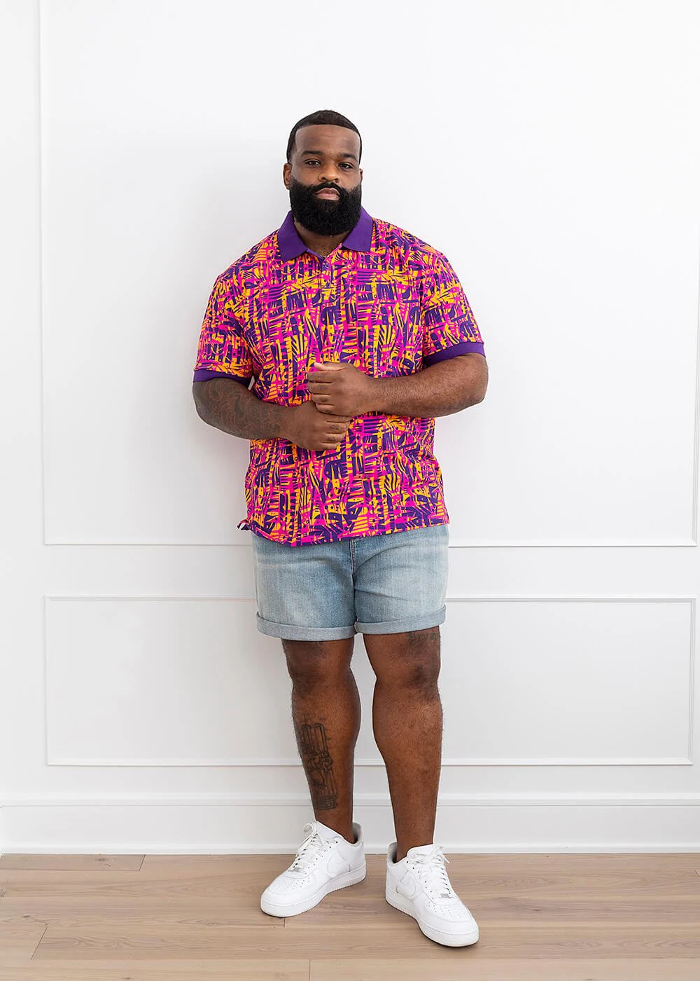 Femi African Print Color-Blocked Polo Shirt (Orange Abstract Leaves)-Clearance - Image 4