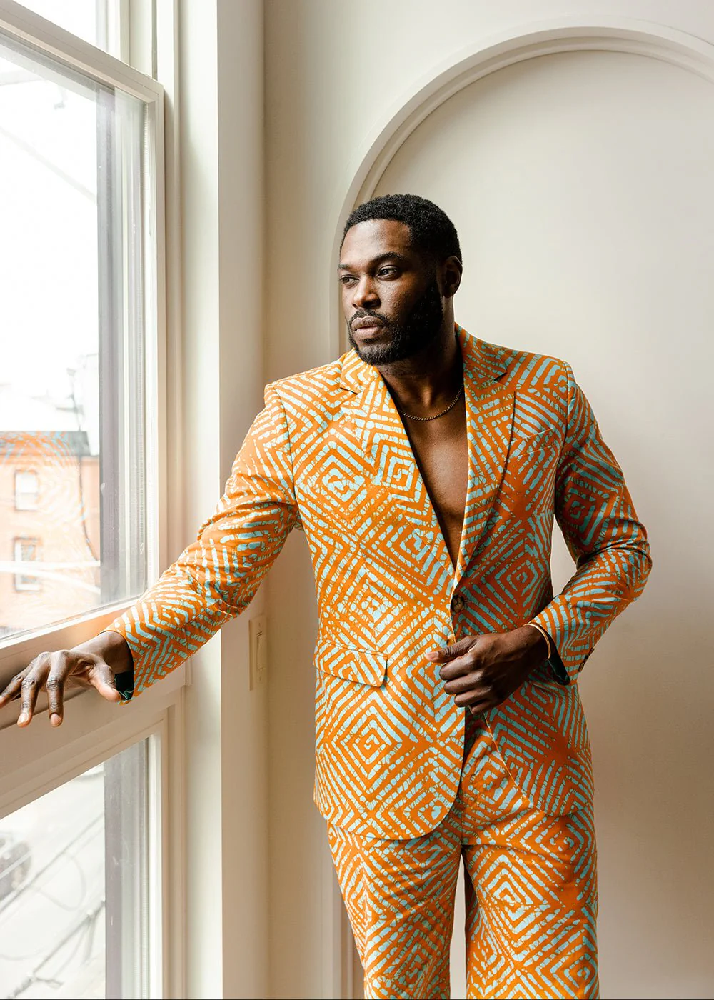 Hami Men's African Print Lightweight Blazer (Orange Blue Adire) - Image 4