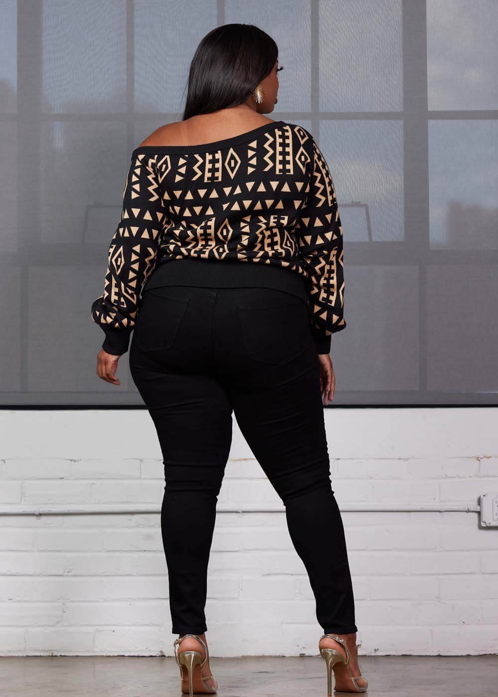 Hiba Women's African Print Off-Shoulder Sweater (Tan Black Tribal) - Image 6