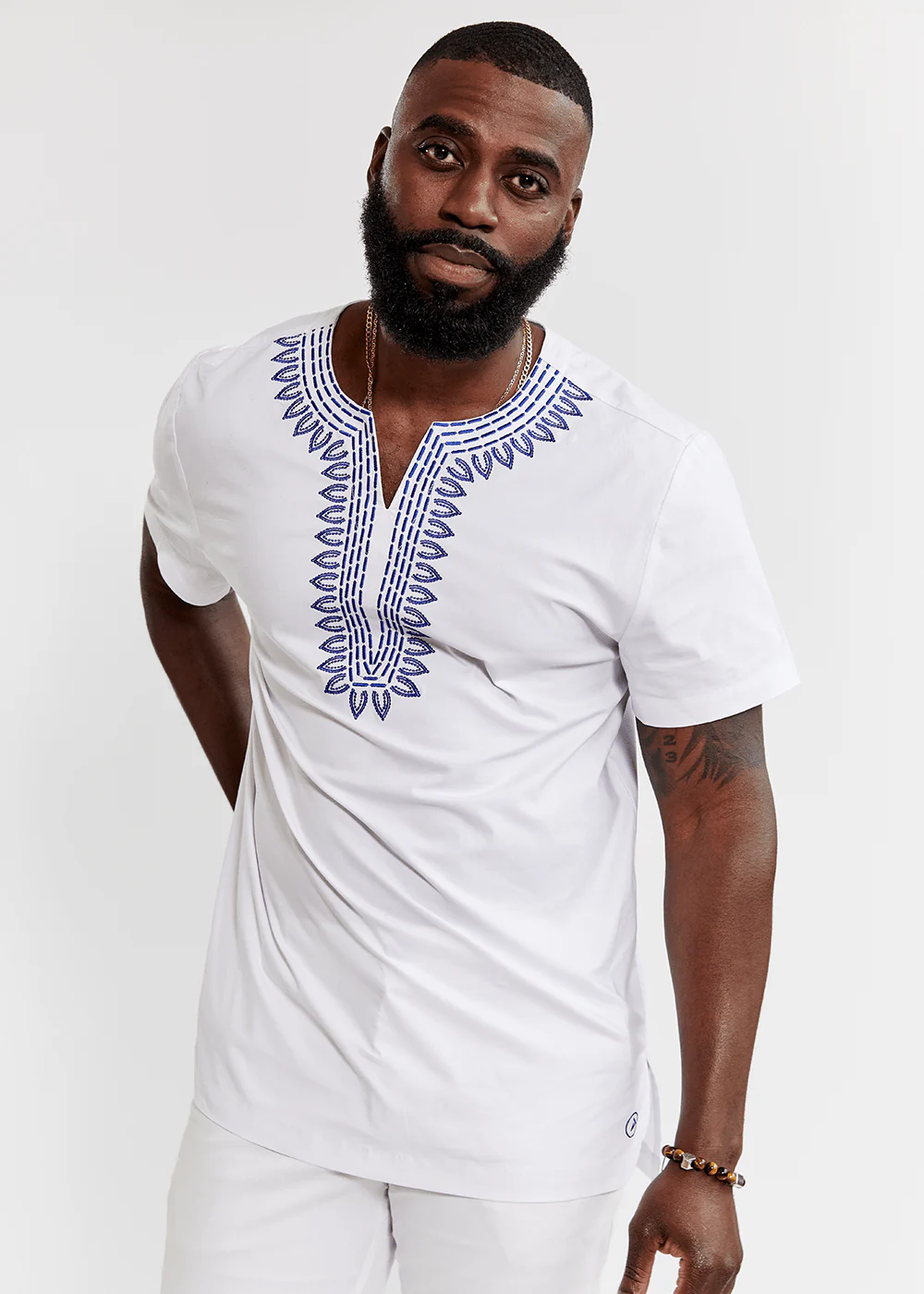 Lubanzi Men's Embroidered Tunic Shirt (White) - Image 3