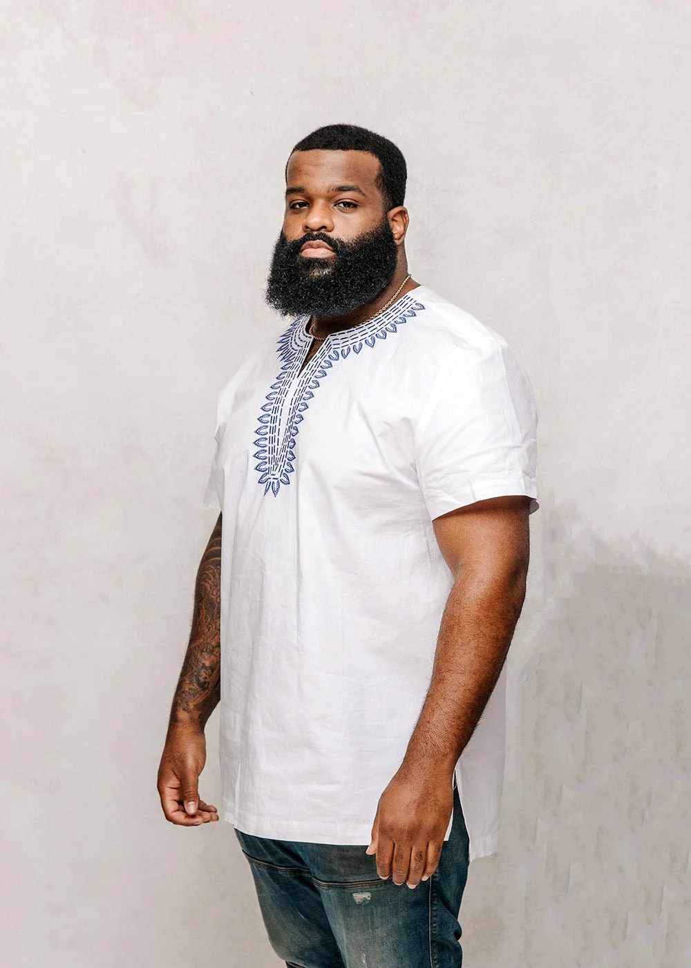 Lubanzi Men's Embroidered Tunic Shirt (White) - Image 4