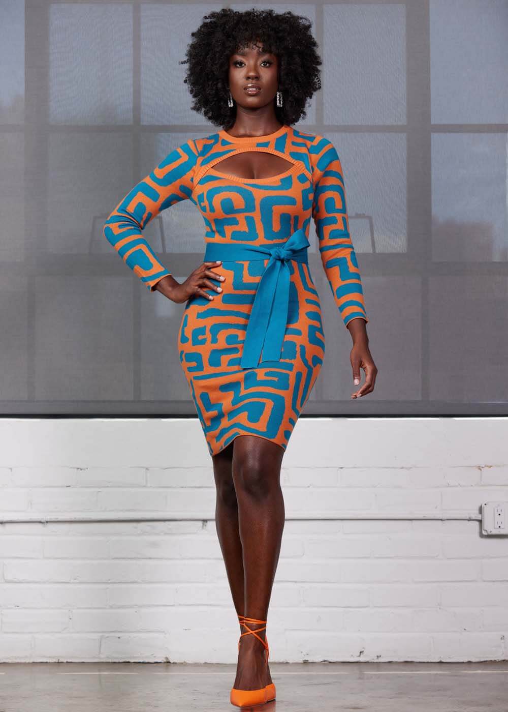 Marah Women's African Print Sweater Dress (Orange Blue Geometric) - Image 3