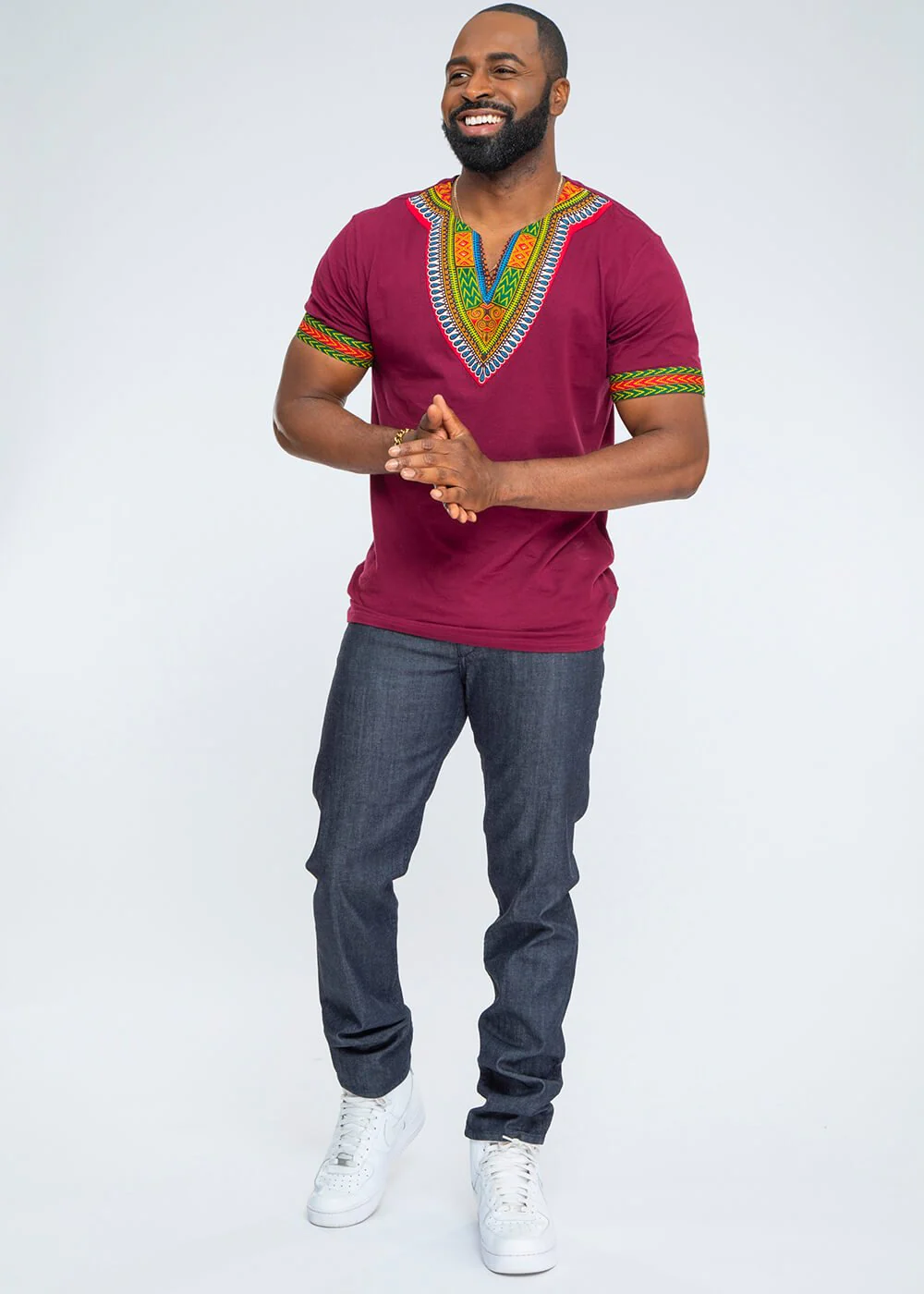 Men's African Print Dashiki T-Shirt (Deep Maroon) - Image 3