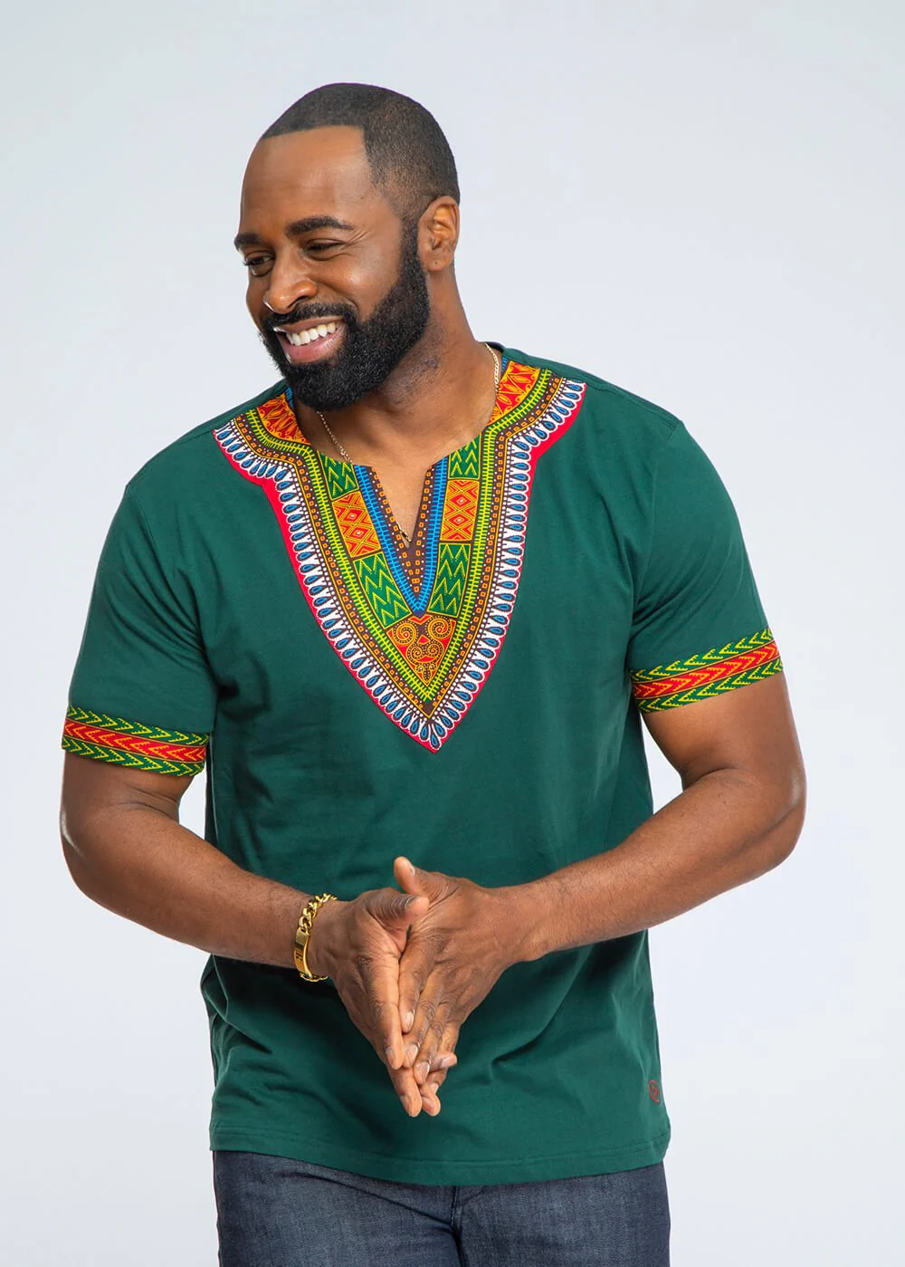 Men's African Print Dashiki T-Shirt (Forest Green/Maroon) - Image 4