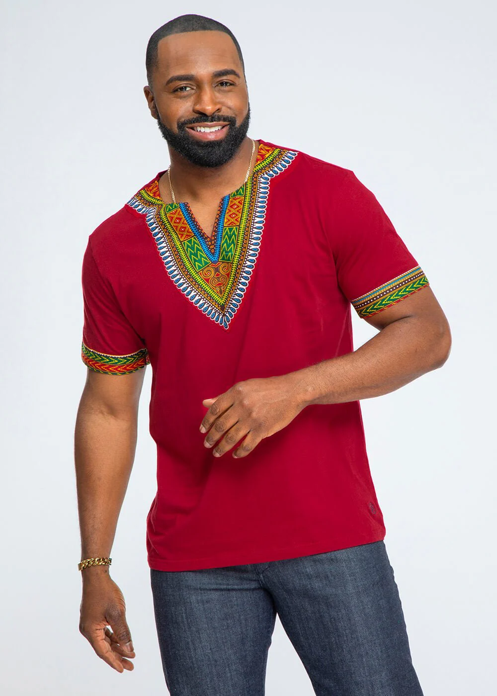 African Print Men's Dashiki T-Shirt (Maroon) - Image 5