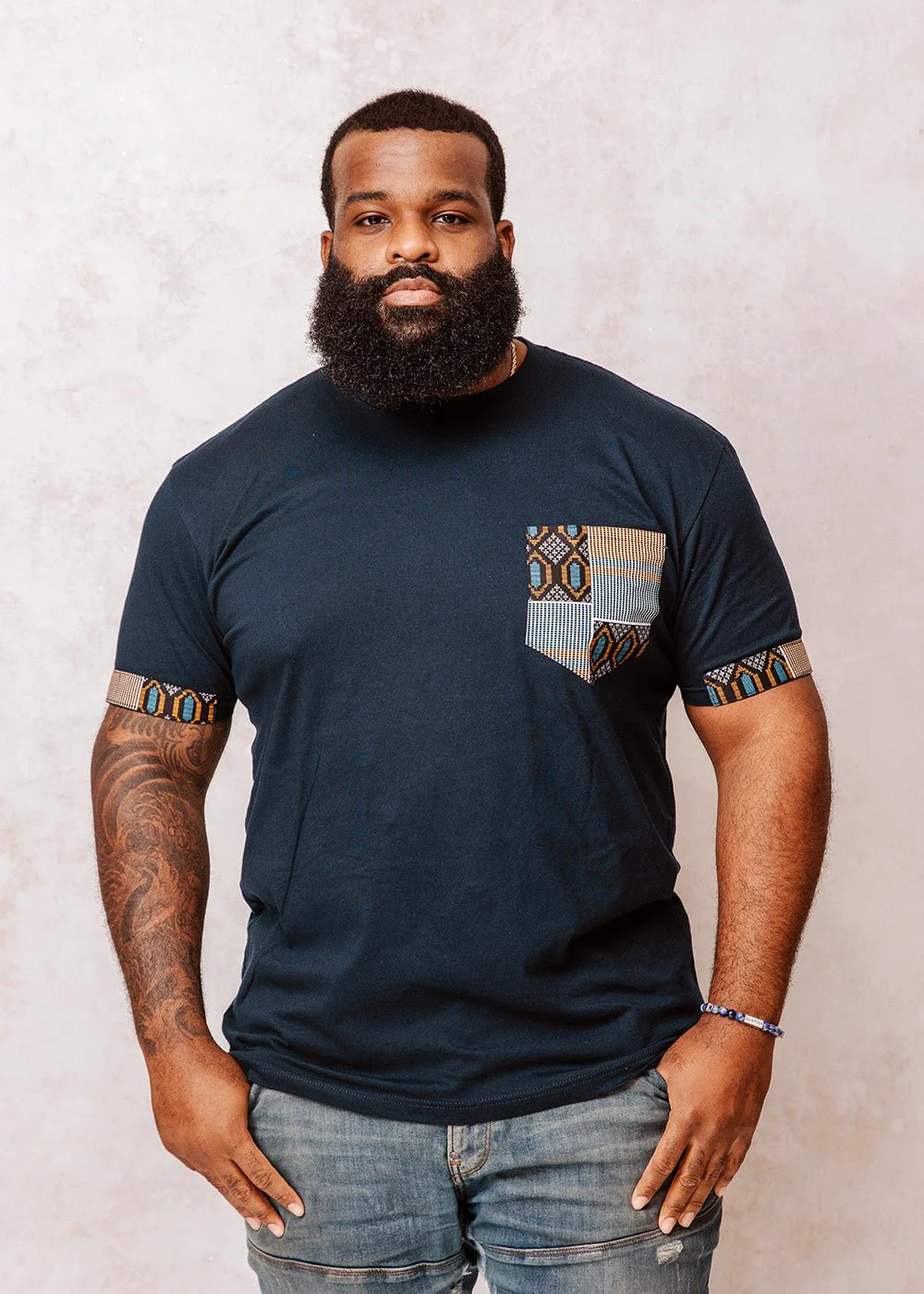 Seun Men's African Print T-Shirt with Pocket (Blue/Tan Navy) - Image 3