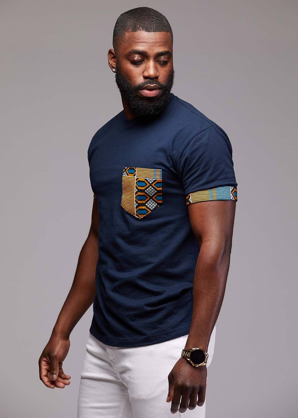 Seun Men's African Print T-Shirt with Pocket (Blue/Tan Navy) - Image 4