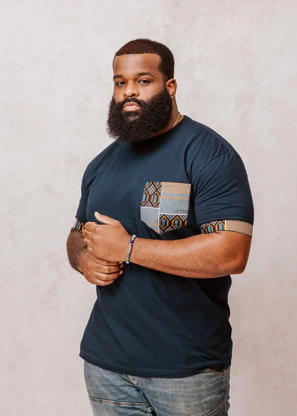 Seun Men's African Print T-Shirt with Pocket (Blue/Tan Navy) - Image 7